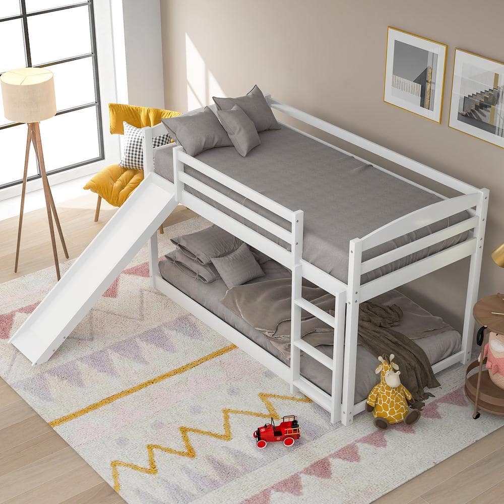 White Twin-over-Twin Bunk Bed with Slide and Storage Drawers