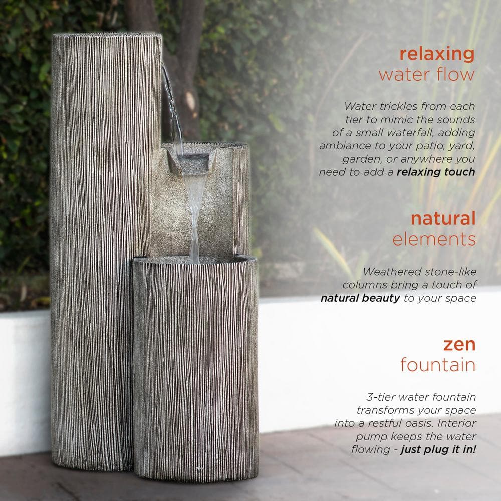 Modern 41" Gray Polyresin Three-Tier Column Fountain with LED Light
