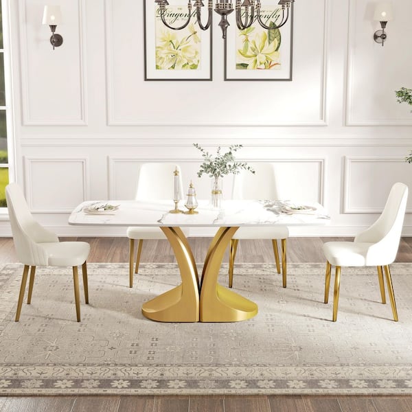 Magic Home 70.8 in. Ink Rectangle Round Edge Sintered Stone Top Pedestal Pandora Gold Metal Base Dining Table (Seats-8)