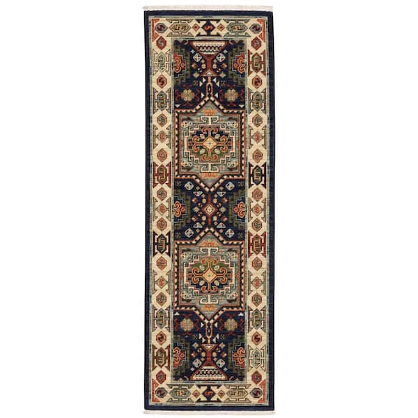 Lillian Blue/Ivory 2 ft. x 6 ft. Traditional Oriental Medallion Wool/Nylon Blend Fringed-Edge Indoor Runner Area Rug