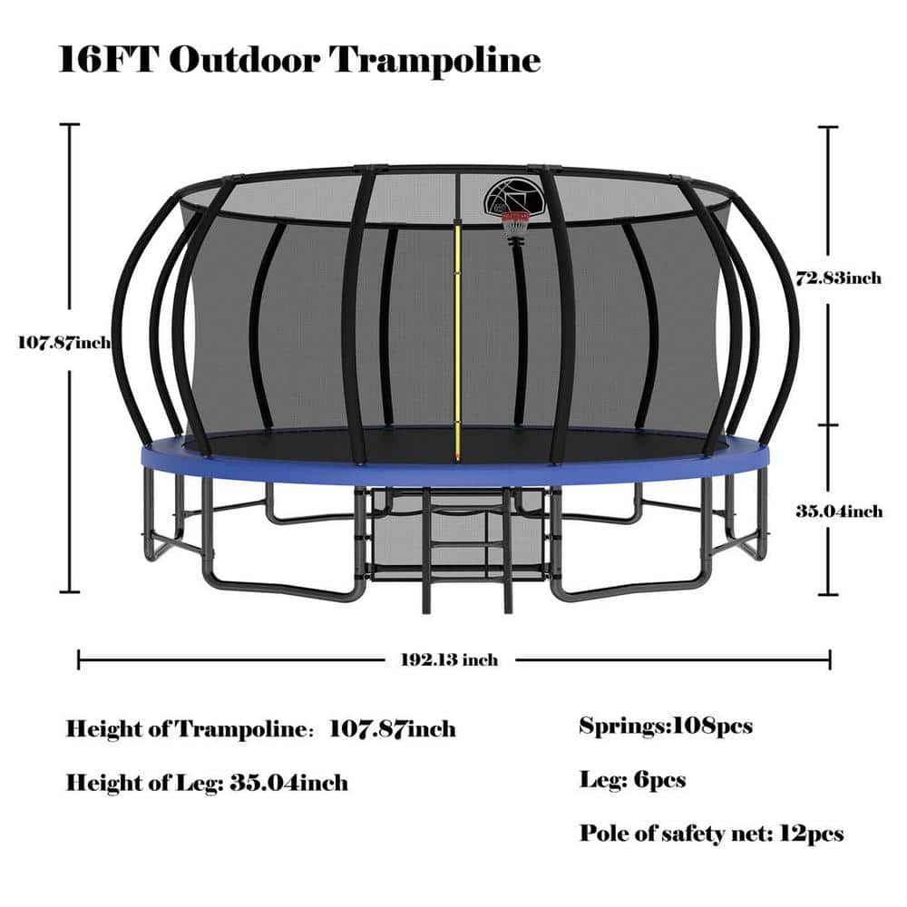 16 ft Round Blue Heavy Duty Outdoor Trampoline with Anti-Rust Coating