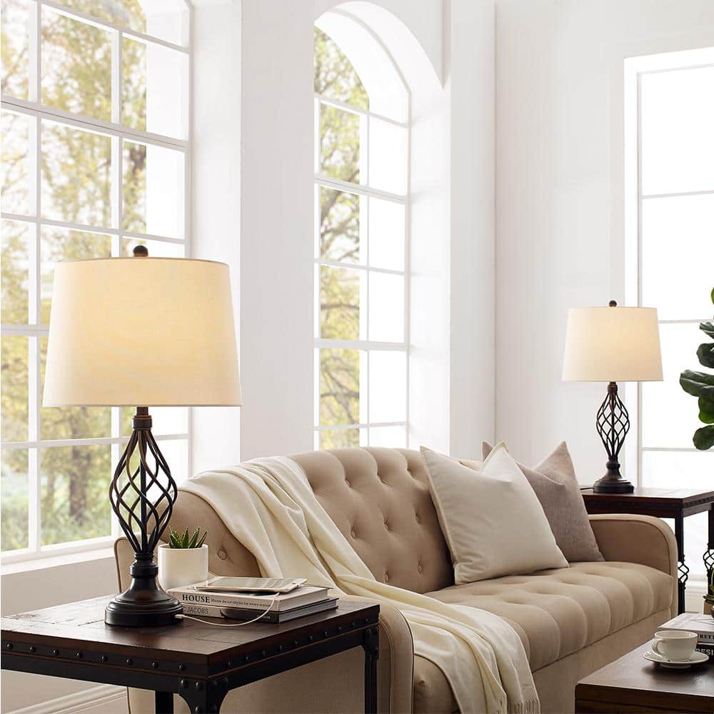 28 in. Bronze Table Lamps Set with White Linen Shade and USB Ports