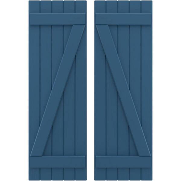 Ekena Millwork 17-1/2 in. W x 38 in. H Americraft 5-Board Exterior Real Wood Joined Board and Batten Shutters w/Z-Bar in Sojourn Blue