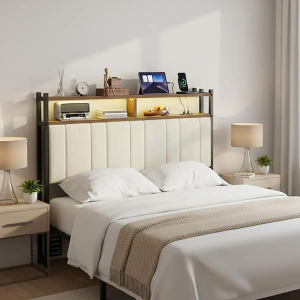 Beige King Linen Upholstered Storage Headboard LED Headboard with Charging Station