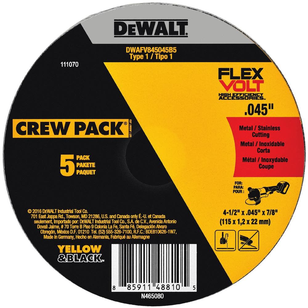 DEWALT FLEXVOLT 4-1/2 in. x 0.045 in. x 7/8 in. Cutting Wheel (5-Pack) Type  1 DWAFV845045B5