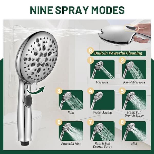 High Pressure 5.12 in. 9-Spray Patterns Wall Mount Handheld Shower Head with Bult-in Power Wash 1.8 GPM in Chrome