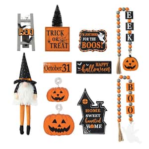 22 in. H Halloween Wooden Word Signs and Fabric Gnome Tiered Tray Set Table Décor (Set of 11)