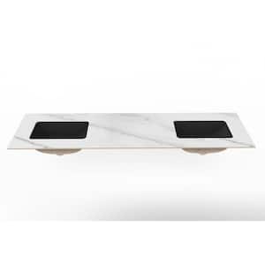 Cassandra 72 in. W x 22 in. D Porcelain Vanity Top in White Marble Finish with Double Black Sink Basin