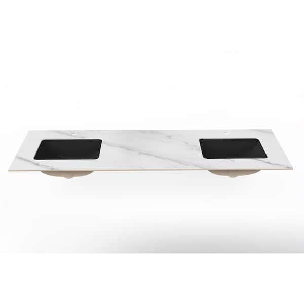 castellousa Cassandra 72 in. W x 22 in. D Porcelain Vanity Top in White Marble Finish with Double Black Sink Basin