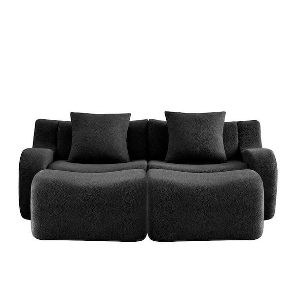 82.7 in. Wide Slope Arm Teddy Fabric Rectangle 2-Seat Boneless Reclining Sofa with 2 Ottoman in Black