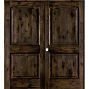 60 in. x 80 in. Rustic Knotty Alder 2-Panel Right Handed Black Stain Wood Double Prehung Interior Door with Arch-Top