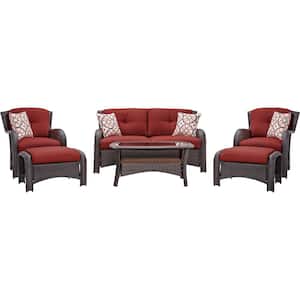 Corrolla 6-Piece Wicker Patio Conversation Set with Plush Red Cushions, Loveseat, Coffee Table, 2 Chairs, 2 Ottomans