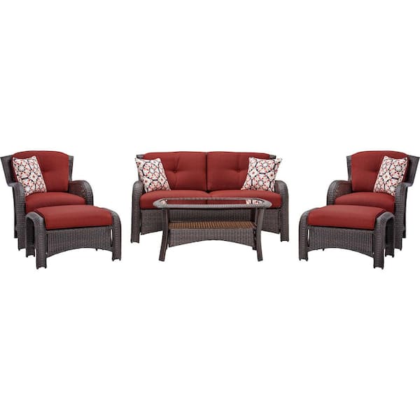 Cambridge Corrolla 6-Piece Wicker Patio Conversation Set with Plush Red Cushions, Loveseat, Coffee Table, 2 Chairs, 2 Ottomans
