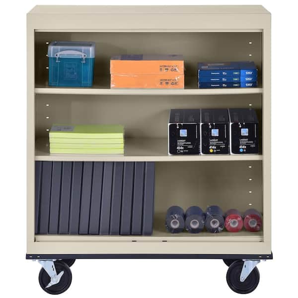 Mobile Bookcase Series 3-Shelf 42 in. Tall Steel Standard Bookcase With Casters in Putty (36 in. W x 42 in. H x 18. D)