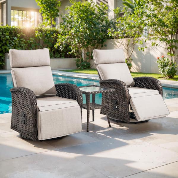 PlainCurve 3-Piece Brown Wicker Outdoor Adjustable Swivel Recliner with Beige Cushions and Side Table