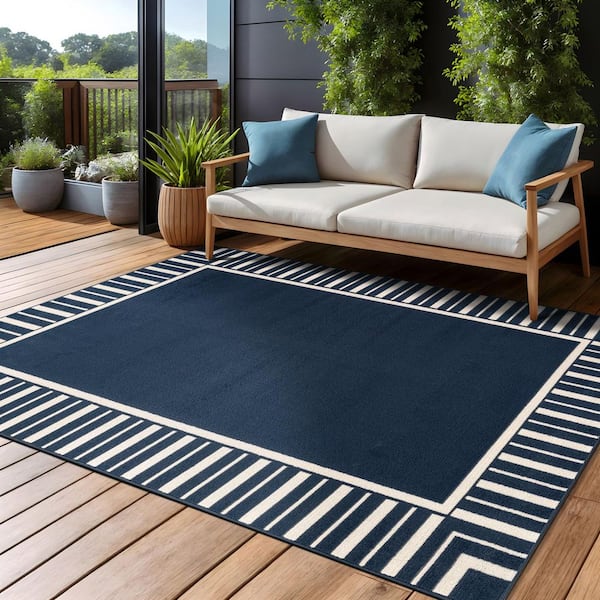 Edge Navy 5 ft. x 7 ft. Rubber Back Washable Geometric Border Indoor Outdoor Patio Area Rug