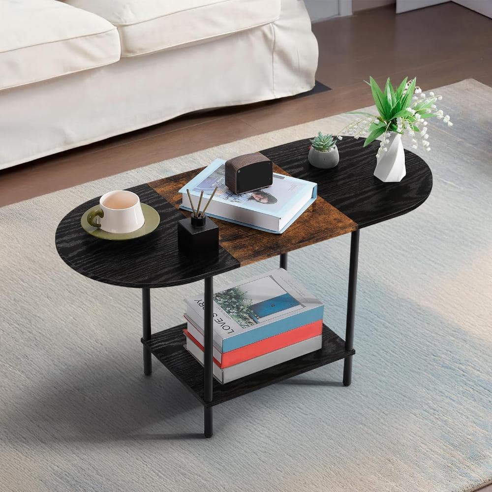 35.4 in Oval Coffee Table with 2-Tier Storage Shelf, Mid Century Center Table for Small Living Room, Black Brown price history on PriceWatchPro