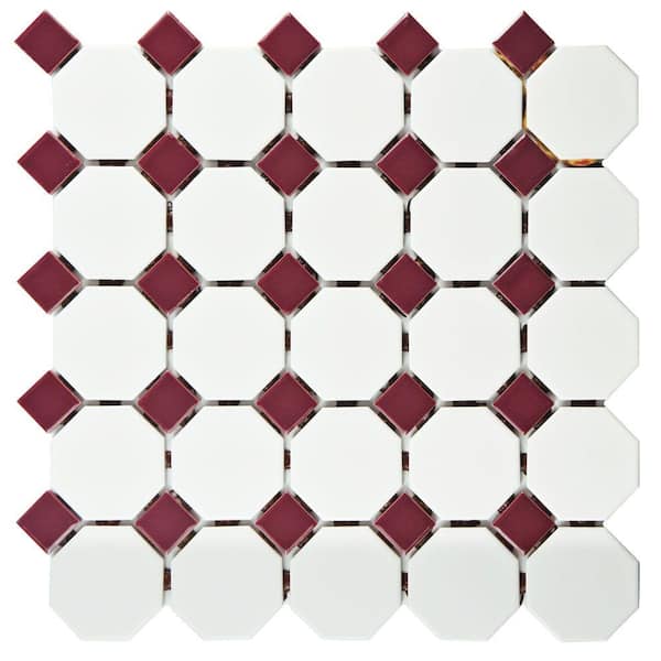 Merola Tile Metro Octagon Matte White with Burgundy Dot 11-1/2 in. x 11-1/2 in. x 5 mm Porcelain Mosaic Tile (9.38 sq. ft. / case)