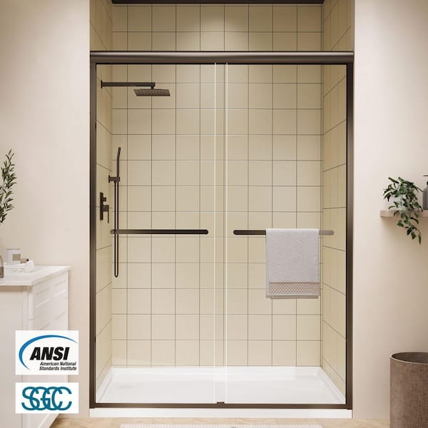 46 in. to 48 in. W x 72 in. H Sliding Framed Shower Door in Oil Rubbed Bronze with Clear Glass Double Sliding Reversible