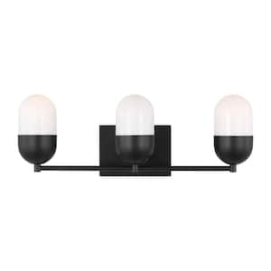 Roy 21.63 in. 3-Light Midnight Black Large Vanity Light with Milk Glass Shades