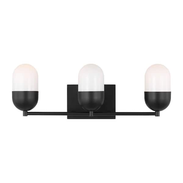 SCOTT LIVING Roy 21.63 in. 3-Light Midnight Black Large Vanity Light with Milk Glass Shades