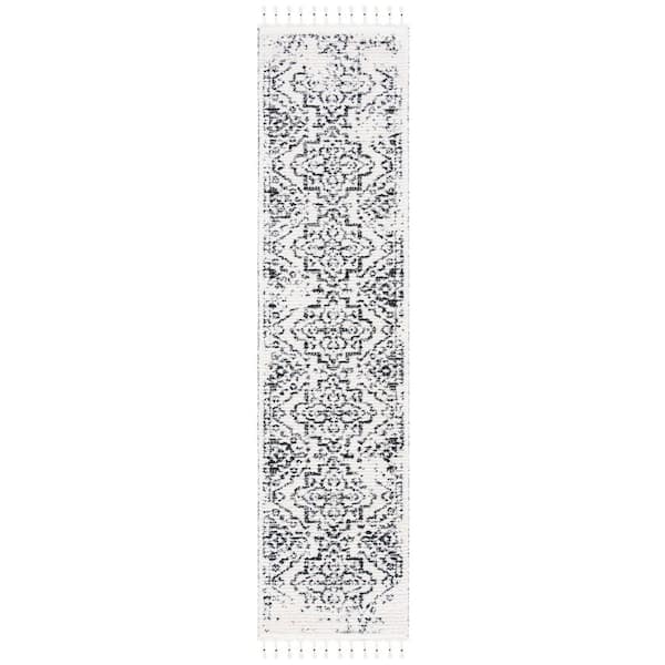 Moroccan Tassel Shag 2 ft. x 9 ft. Ivory/Black Distressed Geometric Runner Rug