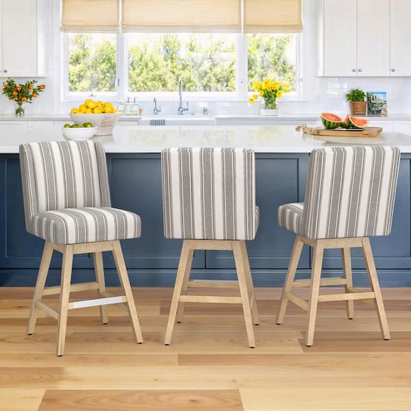 LUE BONA Joyce 26 in. Gray White Striped Fabric Upholstered Swivel Bar Stool with Solid Wood Leg Bar Stool (Set of 3)