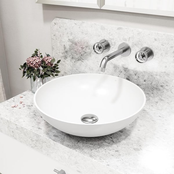 Matte Stone Lotus Composite Round Vessel Bathroom Sink in White with Wall-Mount Faucet and Drain in Brushed Nickel