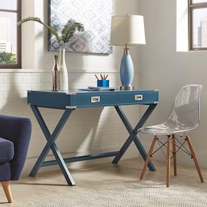 42 in. Blue Steel X Base Wood Accent Campaign Writing Desk