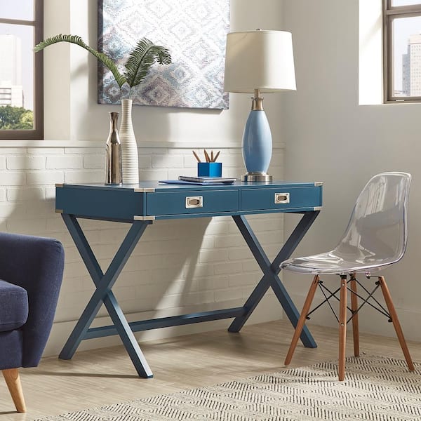 HomeSullivan 42 in. Blue Steel X Base Wood Accent Campaign Writing Desk ...