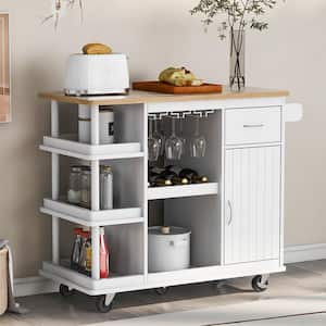 White Wood 40 in. Kitchen Island Cart Storage Cabinet on Wheels with Drawer, Wine Rack and Side Storage Shelves