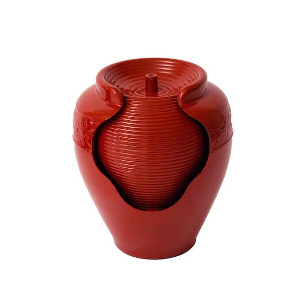 XBRAND 17 in. Waterfall Tall Round Red Vase Fountain w/Ridges, Indoor- Outdoor Fountain, Lawn and Garden, Jar Fountain