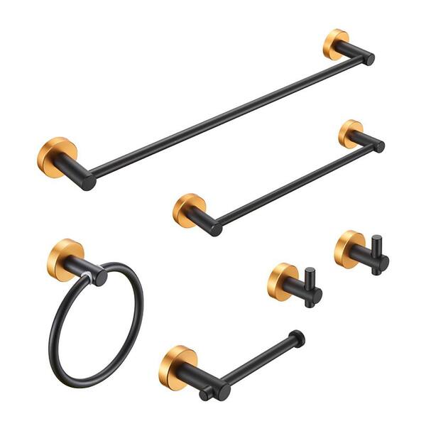 Tahanbath 6 of Pieces Bath Hardware Set with Towel Ring Toilet Paper Holder Towel Hook and Towel Bar in Aluminium Golden Black