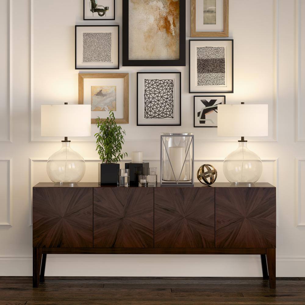 Clear Glass Nightstand Lamp with Bronze Accents and Linen Shade