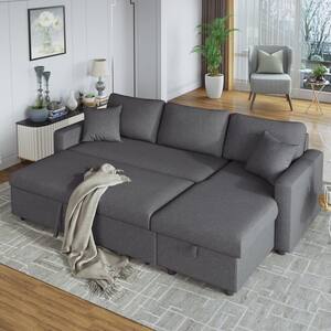87.4 in. Width Gray Fabric Sleeper 3-Seats Sectional Sofa with Storage Space and 2-Pillows