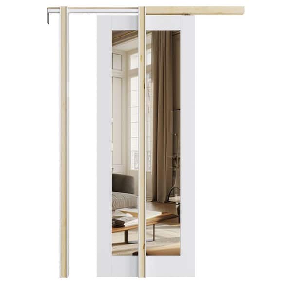 28 in. x 80 in. 1-Lite Mirrored Glass White Primed MDF Wood Pocket Sliding Door with Pocket Door Frame and Hardware Kit