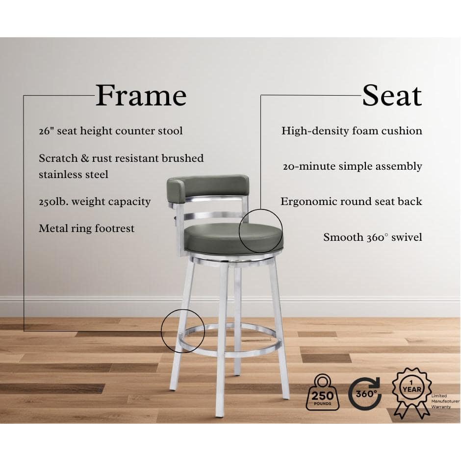 Madrid 26" Gray Faux Leather and Metal Swivel Bar Stool