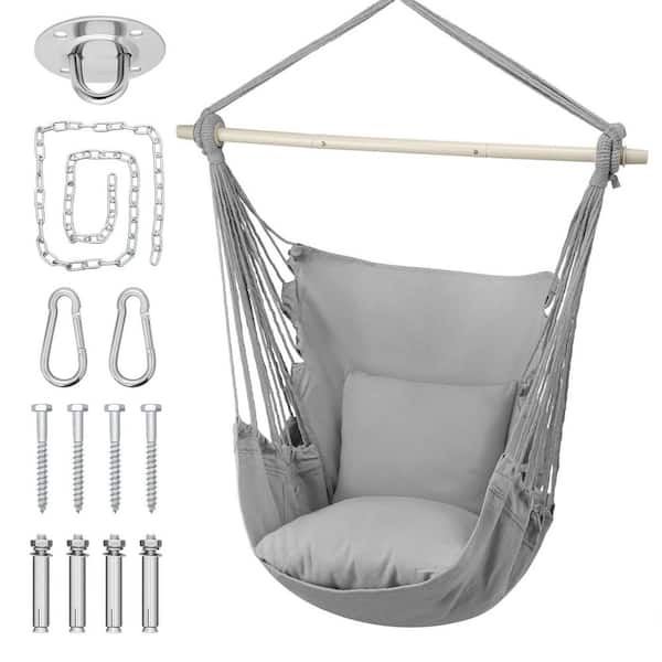 Gray Cotton Rope Swing Hammock Chair with Fixed Kit and Cushion