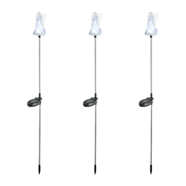 Glitzhome 36 in. H White Solar Powered Weather Resistant Path Light LED Angel Stake Light with stainless steel pole (3-pack)