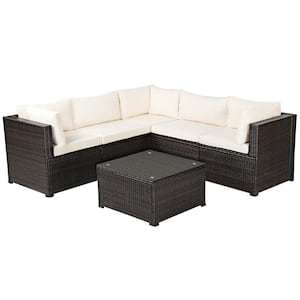 6-Piece Wicker Patio Conversation Set with White Cushions