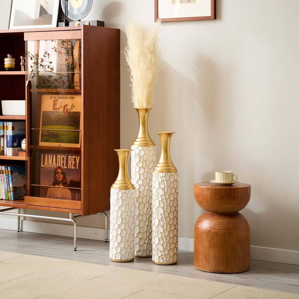33.46 in. Gold+White Metal Decorative Bottle,Modern Floor Standing Vase,Gla