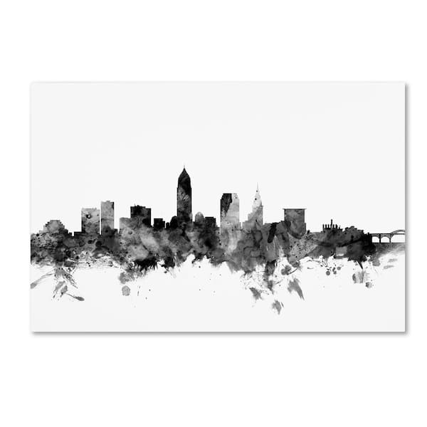 Trademark Fine Art Cleveland Ohio Skyline B&W by Michael Tompsett Floater Frame Architecture Wall Art 30 in. x 47 in.