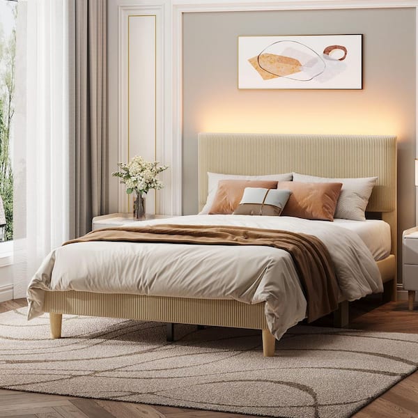 Light Brown Taupe Wood Frame Full Platform Bed Upholestered Headboard with LED Lights