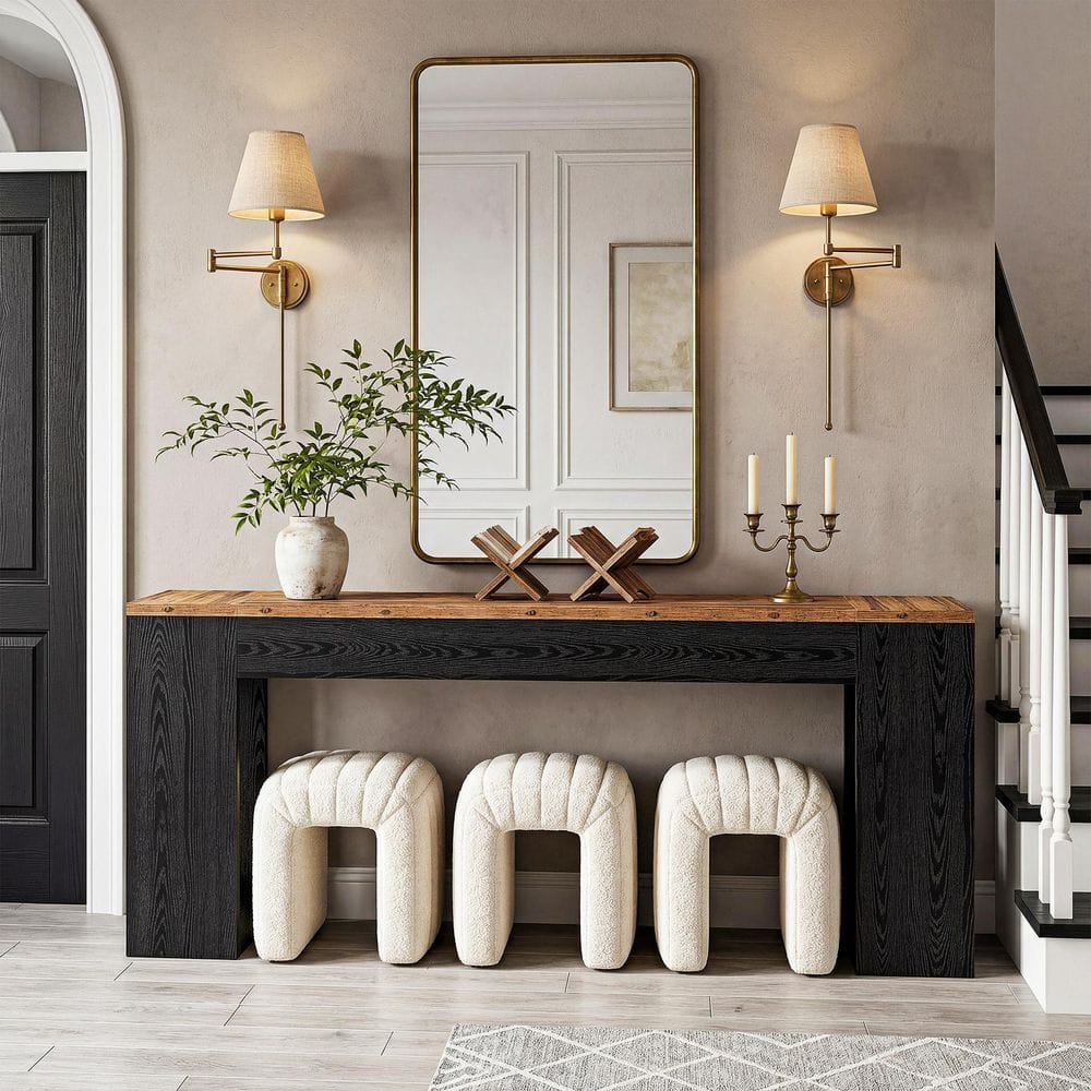 86.61 in. Extra Long Rustic Black Rectangle Wood Console Table with Double Pedestal Base for Entryway, Living Room price history on PriceWatchPro
