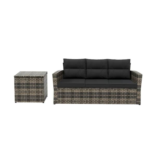 WESTIN OUTDOOR Alpine 2-Piece Rattan Wicker Outdoor Sofa Couch with Side Table Set with Gray Cushions