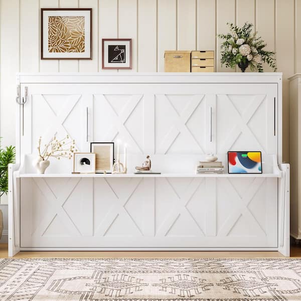 Mapelai White Wood Frame Full Size Murphy Bed with Desk, USB Charging Station and LED Lights