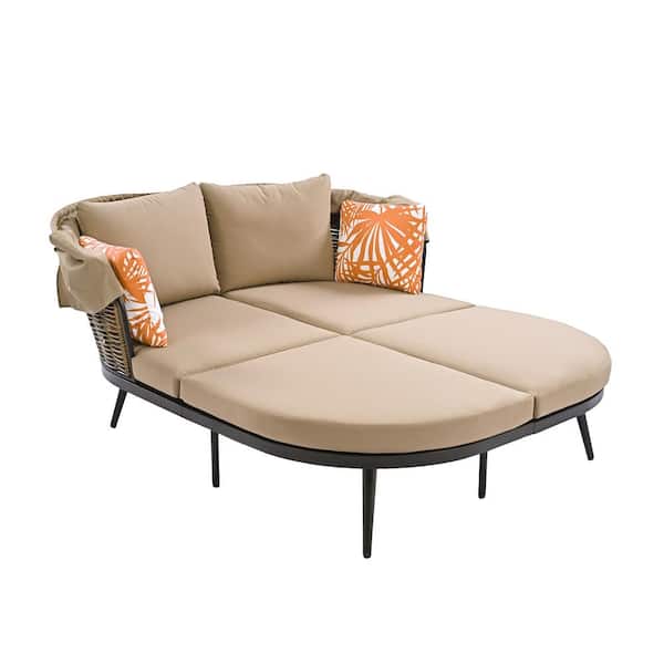 Unbranded 2-People Rattan PE Wicker Outdoor Day Bed Loveseat Sofa Set with Retractable Canopy and Brown Cushions