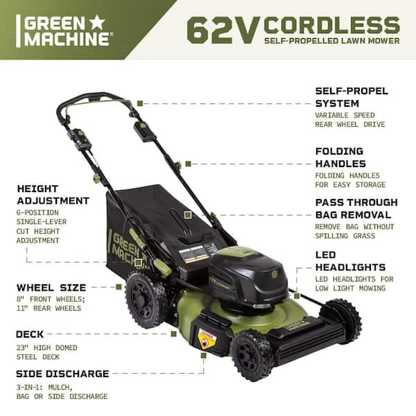 Green Machine 62V Brushless 22 in. Electric Cordless Battery Self- Propelled Lawn Mower with 2 4.0 Ah Batteries and Charger