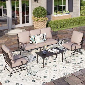 Black Metal 5 Seat 4-Piece Steel Outdoor Patio Conversation Set with Beige Cushions, Table with Stripe-Shaped Top