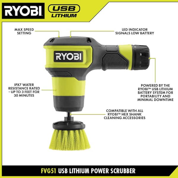 RYOBI USB Lithium Compact Scrubber Kit with Battery, Charging Cord, Medium Bristle Brush & 2-Pack of Abrasive Bristle Brushes